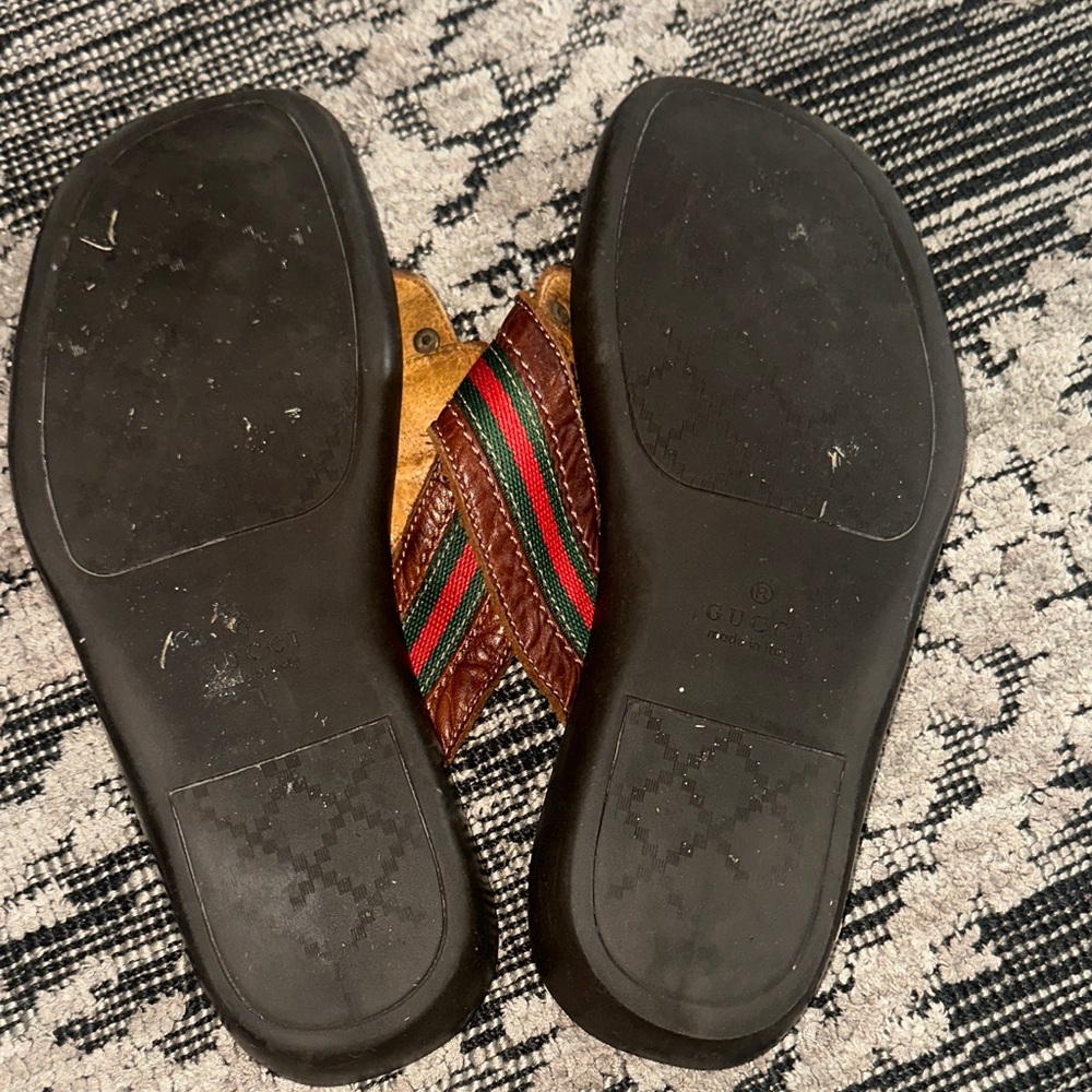 Gucci Brown Leather Sandals with Green and Red Stripes - Picture 7 of 7